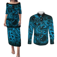 Aotearoa Maori Hei Tiki Couples Matching Puletasi and Long Sleeve Button Shirt Kikorangi Kowhaiwhai Puhoro Motif