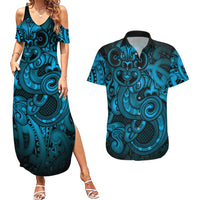 Aotearoa Maori Hei Tiki Couples Matching Summer Maxi Dress and Hawaiian Shirt Kikorangi Kowhaiwhai Puhoro Motif