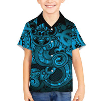 Aotearoa Maori Hei Tiki Family Matching Off Shoulder Short Dress and Hawaiian Shirt Kikorangi Kowhaiwhai Puhoro Motif