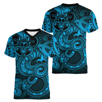 Aotearoa Maori Hei Tiki Women V-Neck T-Shirt Kikorangi Kowhaiwhai Puhoro Motif
