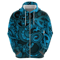 Aotearoa Maori Hei Tiki Zip Hoodie Kikorangi Kowhaiwhai Puhoro Motif