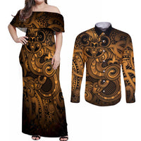 Aotearoa Maori Hei Tiki Couples Matching Off Shoulder Maxi Dress and Long Sleeve Button Shirt Koura Kowhaiwhai Puhoro Motif