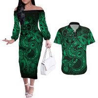 Aotearoa Maori Hei Tiki Couples Matching Off The Shoulder Long Sleeve Dress and Hawaiian Shirt Kakariki Kowhaiwhai Puhoro Motif
