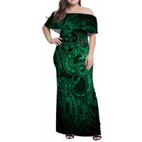 Aotearoa Maori Hei Tiki Family Matching Off Shoulder Maxi Dress and Hawaiian Shirt Kakariki Kowhaiwhai Puhoro Motif