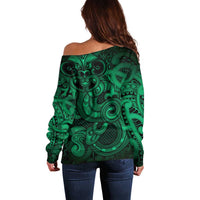 Aotearoa Maori Hei Tiki Off Shoulder Sweater Kakariki Kowhaiwhai Puhoro Motif LT9 - Polynesian Pride