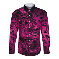 Aotearoa Maori Hei Tiki Long Sleeve Button Shirt Mawhero Kowhaiwhai Puhoro Motif LT9 Unisex Pink - Polynesian Pride