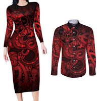 Aotearoa Maori Hei Tiki Couples Matching Long Sleeve Bodycon Dress and Long Sleeve Button Shirt Whero Kowhaiwhai Puhoro Motif