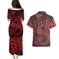 Aotearoa Maori Hei Tiki Couples Matching Puletasi and Hawaiian Shirt Whero Kowhaiwhai Puhoro Motif
