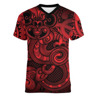 Aotearoa Maori Hei Tiki Women V-Neck T-Shirt Whero Kowhaiwhai Puhoro Motif