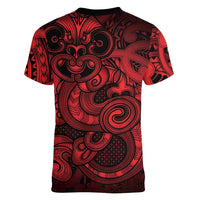 Aotearoa Maori Hei Tiki Women V-Neck T-Shirt Whero Kowhaiwhai Puhoro Motif