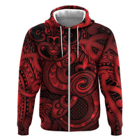 Aotearoa Maori Hei Tiki Zip Hoodie Whero Kowhaiwhai Puhoro Motif