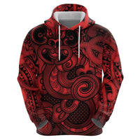 Aotearoa Maori Hei Tiki Zip Hoodie Whero Kowhaiwhai Puhoro Motif