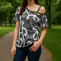 Aotearoa Maori Kowhaiwhai Cross Shoulder Shirt Kiwikiwi Puhoro and Patiki LT9 - Polynesian Pride