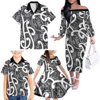 Aotearoa Maori Kowhaiwhai Family Matching Off The Shoulder Long Sleeve Dress and Hawaiian Shirt Kiwikiwi Puhoro and Patiki