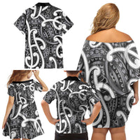 Aotearoa Maori Kowhaiwhai Family Matching Off Shoulder Short Dress and Hawaiian Shirt Kiwikiwi Puhoro and Patiki
