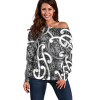 Aotearoa Maori Kowhaiwhai Off Shoulder Sweater Kiwikiwi Puhoro and Patiki LT9 Women Grey - Polynesian Pride