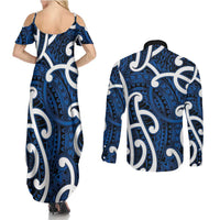 Aotearoa Maori Kowhaiwhai Couples Matching Summer Maxi Dress and Long Sleeve Button Shirt Kikorangi Puhoro and Patiki