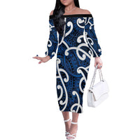Aotearoa Maori Kowhaiwhai Family Matching Off The Shoulder Long Sleeve Dress and Hawaiian Shirt Kikorangi Puhoro and Patiki
