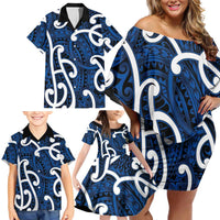 Aotearoa Maori Kowhaiwhai Family Matching Off Shoulder Short Dress and Hawaiian Shirt Kikorangi Puhoro and Patiki