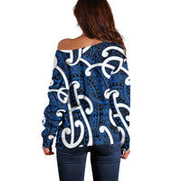 Aotearoa Maori Kowhaiwhai Off Shoulder Sweater Kikorangi Puhoro and Patiki LT9 - Polynesian Pride