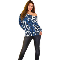 Aotearoa Maori Kowhaiwhai Off Shoulder Sweater Kikorangi Puhoro and Patiki LT9 - Polynesian Pride