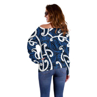 Aotearoa Maori Kowhaiwhai Off Shoulder Sweater Kikorangi Puhoro and Patiki LT9 - Polynesian Pride