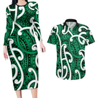 Aotearoa Maori Kowhaiwhai Couples Matching Long Sleeve Bodycon Dress and Hawaiian Shirt Kakariki Puhoro and Patiki
