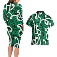 Aotearoa Maori Kowhaiwhai Couples Matching Long Sleeve Bodycon Dress and Hawaiian Shirt Kakariki Puhoro and Patiki