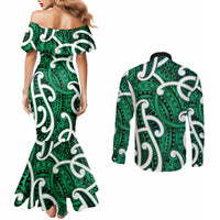 Aotearoa Maori Kowhaiwhai Couples Matching Mermaid Dress and Long Sleeve Button Shirt Kakariki Puhoro and Patiki