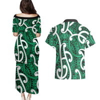 Aotearoa Maori Kowhaiwhai Couples Matching Puletasi and Hawaiian Shirt Kakariki Puhoro and Patiki