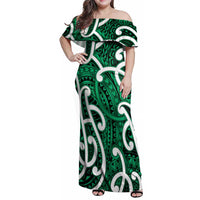 Aotearoa Maori Kowhaiwhai Family Matching Off Shoulder Maxi Dress and Hawaiian Shirt Kakariki Puhoro and Patiki