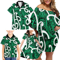 Aotearoa Maori Kowhaiwhai Family Matching Off Shoulder Short Dress and Hawaiian Shirt Kakariki Puhoro and Patiki