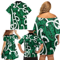 Aotearoa Maori Kowhaiwhai Family Matching Off Shoulder Short Dress and Hawaiian Shirt Kakariki Puhoro and Patiki