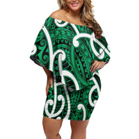Aotearoa Maori Kowhaiwhai Family Matching Off Shoulder Short Dress and Hawaiian Shirt Kakariki Puhoro and Patiki