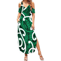 Aotearoa Maori Kowhaiwhai Family Matching Summer Maxi Dress and Hawaiian Shirt Kakariki Puhoro and Patiki