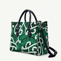 Aotearoa Maori Kowhaiwhai Leather Bag Kakariki Puhoro and Patiki LT9 Green - Polynesian Pride
