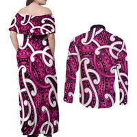 Aotearoa Maori Kowhaiwhai Couples Matching Off Shoulder Maxi Dress and Long Sleeve Button Shirt Mawhero Puhoro and Patiki