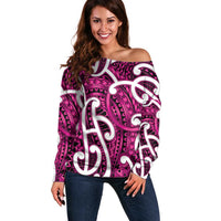 Aotearoa Maori Kowhaiwhai Off Shoulder Sweater Mawhero Puhoro and Patiki LT9 Women Pink - Polynesian Pride