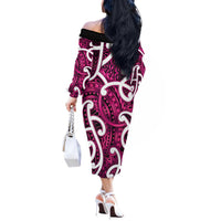 Aotearoa Maori Kowhaiwhai Off The Shoulder Long Sleeve Dress Mawhero Puhoro and Patiki