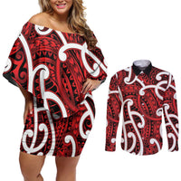Aotearoa Maori Kowhaiwhai Couples Matching Off Shoulder Short Dress and Long Sleeve Button Shirt Whero Puhoro and Patiki