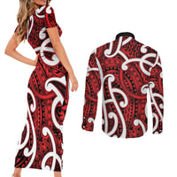 Aotearoa Maori Kowhaiwhai Couples Matching Short Sleeve Bodycon Dress and Long Sleeve Button Shirt Whero Puhoro and Patiki