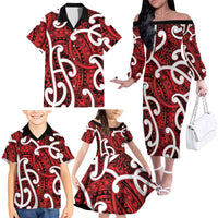 Aotearoa Maori Kowhaiwhai Family Matching Off The Shoulder Long Sleeve Dress and Hawaiian Shirt Whero Puhoro and Patiki