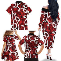Aotearoa Maori Kowhaiwhai Family Matching Off The Shoulder Long Sleeve Dress and Hawaiian Shirt Whero Puhoro and Patiki