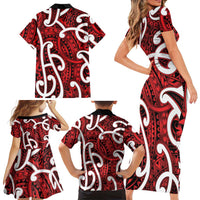 Aotearoa Maori Kowhaiwhai Family Matching Short Sleeve Bodycon Dress and Hawaiian Shirt Whero Puhoro and Patiki