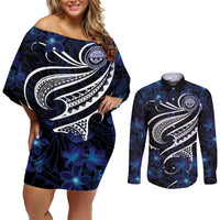 Micronesia Constitution Day Couples Matching Off Shoulder Short Dress and Long Sleeve Button Shirt Since 1979 with Polynesian Hibiscus Pattern LT9 Blue - Polynesian Pride