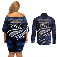 Micronesia Constitution Day Couples Matching Off Shoulder Short Dress and Long Sleeve Button Shirt Since 1979 with Polynesian Hibiscus Pattern LT9 - Polynesian Pride