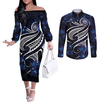 Micronesia Constitution Day Couples Matching Off The Shoulder Long Sleeve Dress and Long Sleeve Button Shirt Since 1979 with Polynesian Hibiscus Pattern LT9 Blue - Polynesian Pride