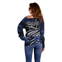 Micronesia Constitution Day Off Shoulder Sweater Since 1979 with Polynesian Hibiscus Pattern