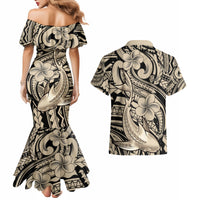 Polynesian Shark Tribal Tattoo Couples Matching Mermaid Dress and Hawaiian Shirt Beige Style
