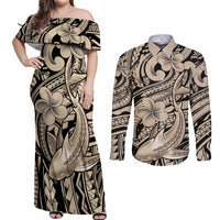 Polynesian Shark Tribal Tattoo Couples Matching Off Shoulder Maxi Dress and Long Sleeve Button Shirt Beige Style LT9 Beige - Polynesian Pride